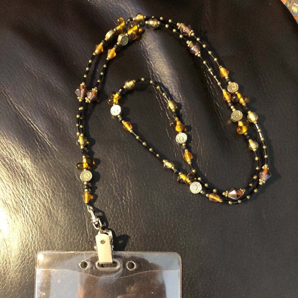Brown Gold Amber AB beaded ID Badge Holder/Lanyard 40"